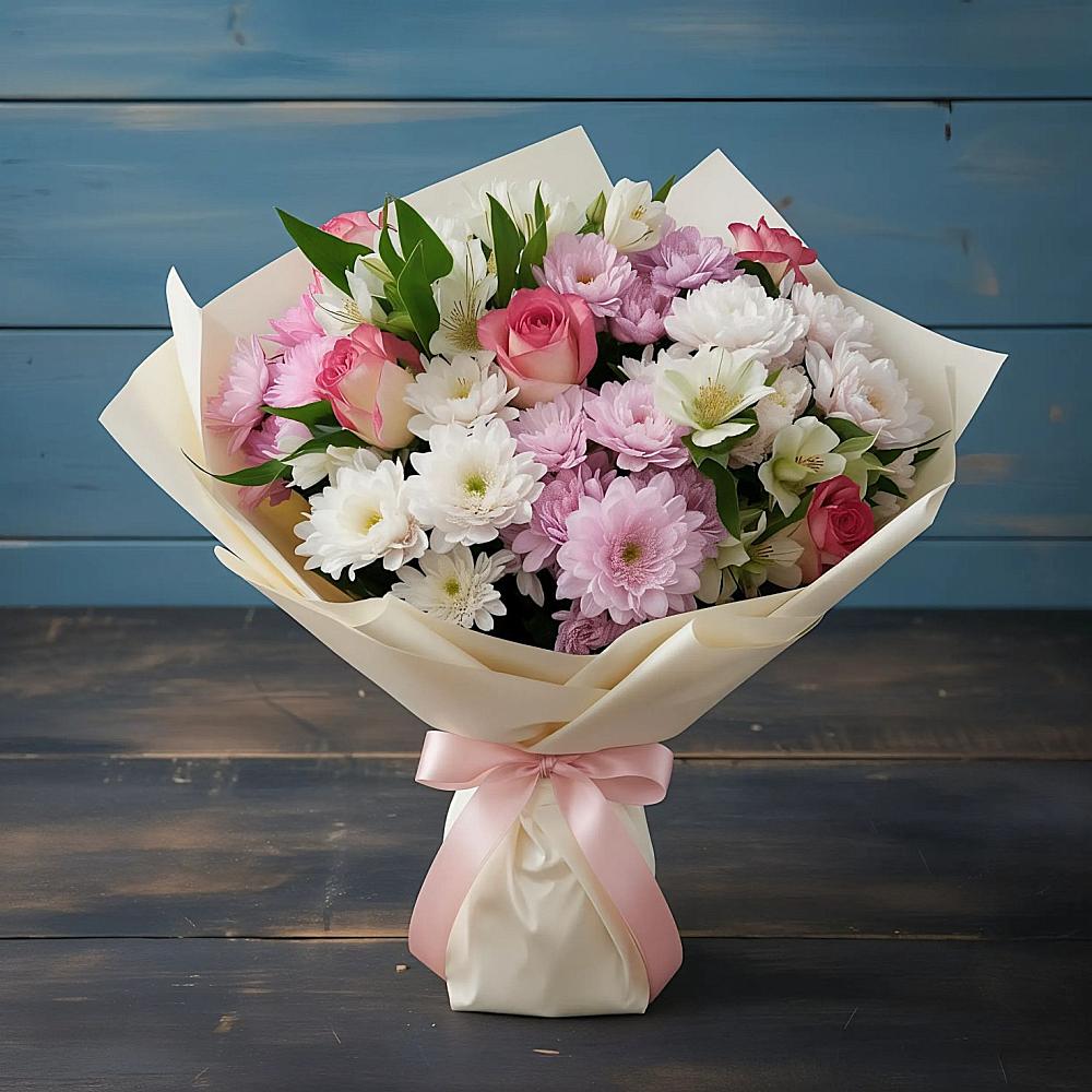 Букет цветов из: Хризантемы, Альстромерии и Розы в Усадище